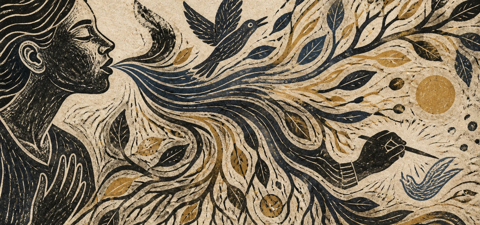 Woodcut-style illustration of a person exhaling flowing lines, birds, leaves, and celestial forms while another hand draws.