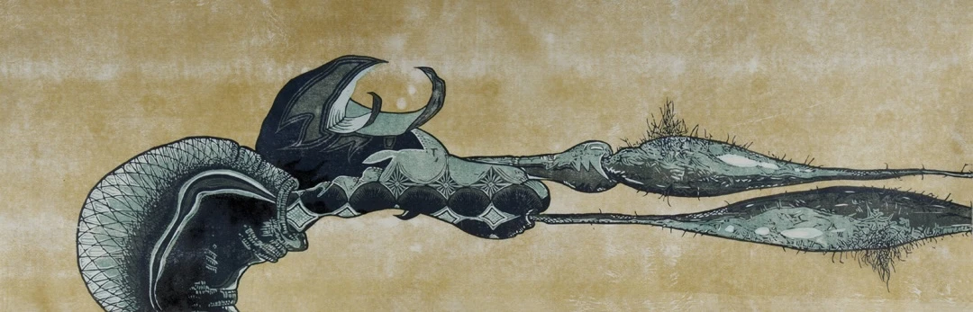 A long blue-green and black figure with a rounded head and trailing leaf-like limbs on a warm ochre field, a woodcut by Abraham McCowan.