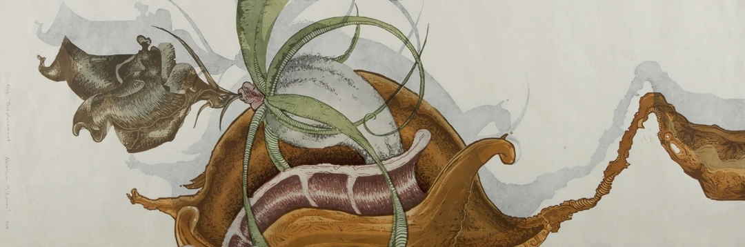 An intricate green, rust, brown, and gray organic figure spreading horizontally across pale paper, a woodcut by Abraham McCowan.