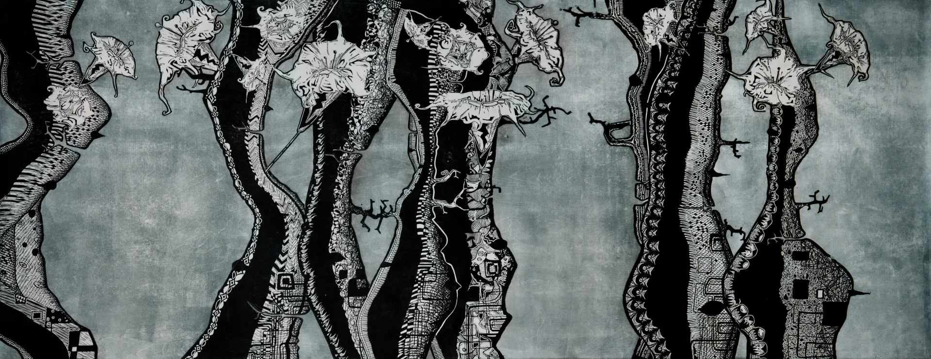 A panoramic woodcut grove of root-like trunks, leaves, and small dwelling forms by Abraham McCowan.