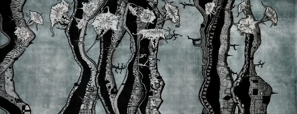 Carved figures, roots, and organic forms moving across a wide woodcut field by Abraham McCowan.