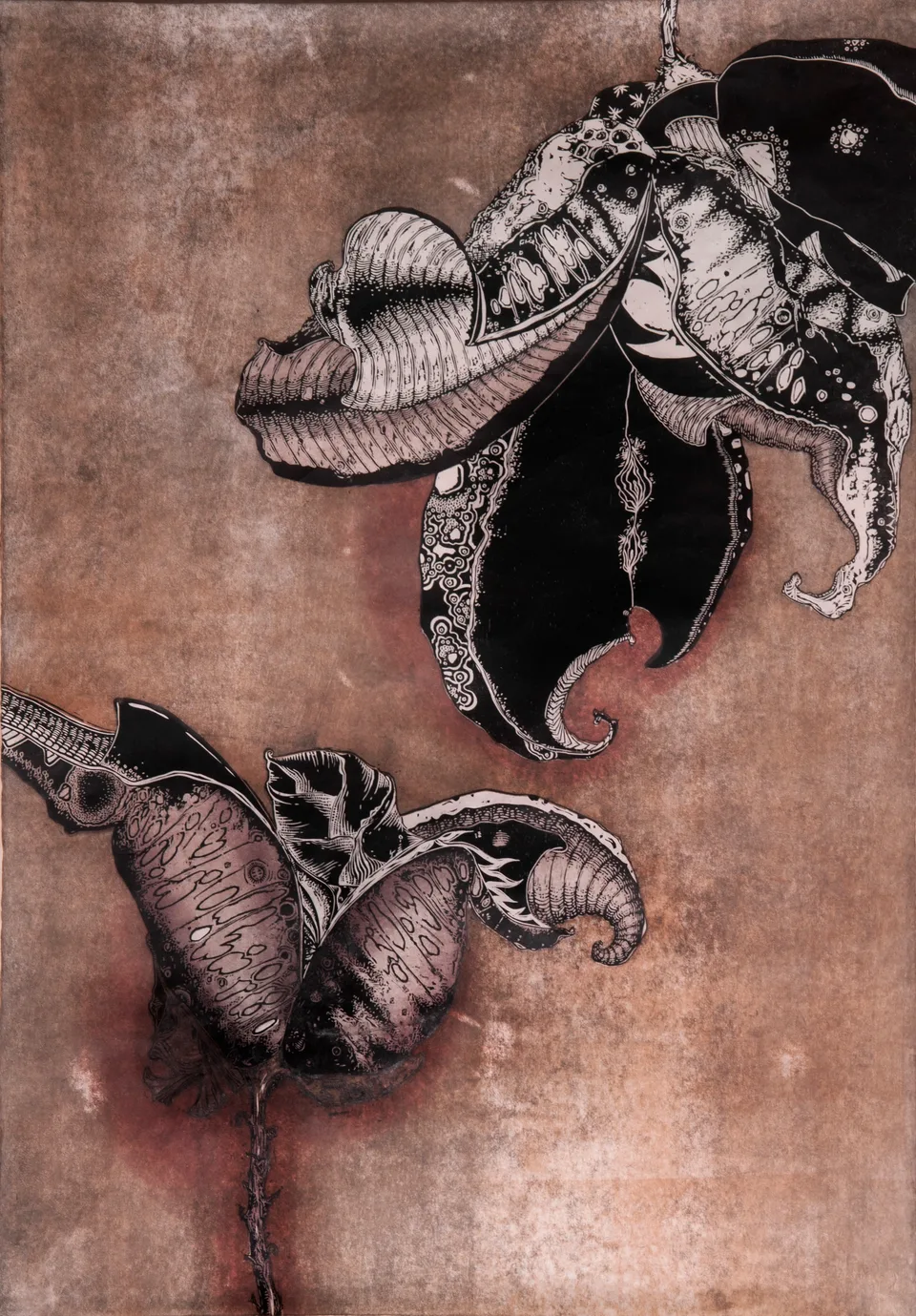 A tall black-and-silver woodcut of an uncanny figure on weathered paper, by Abraham McCowan.