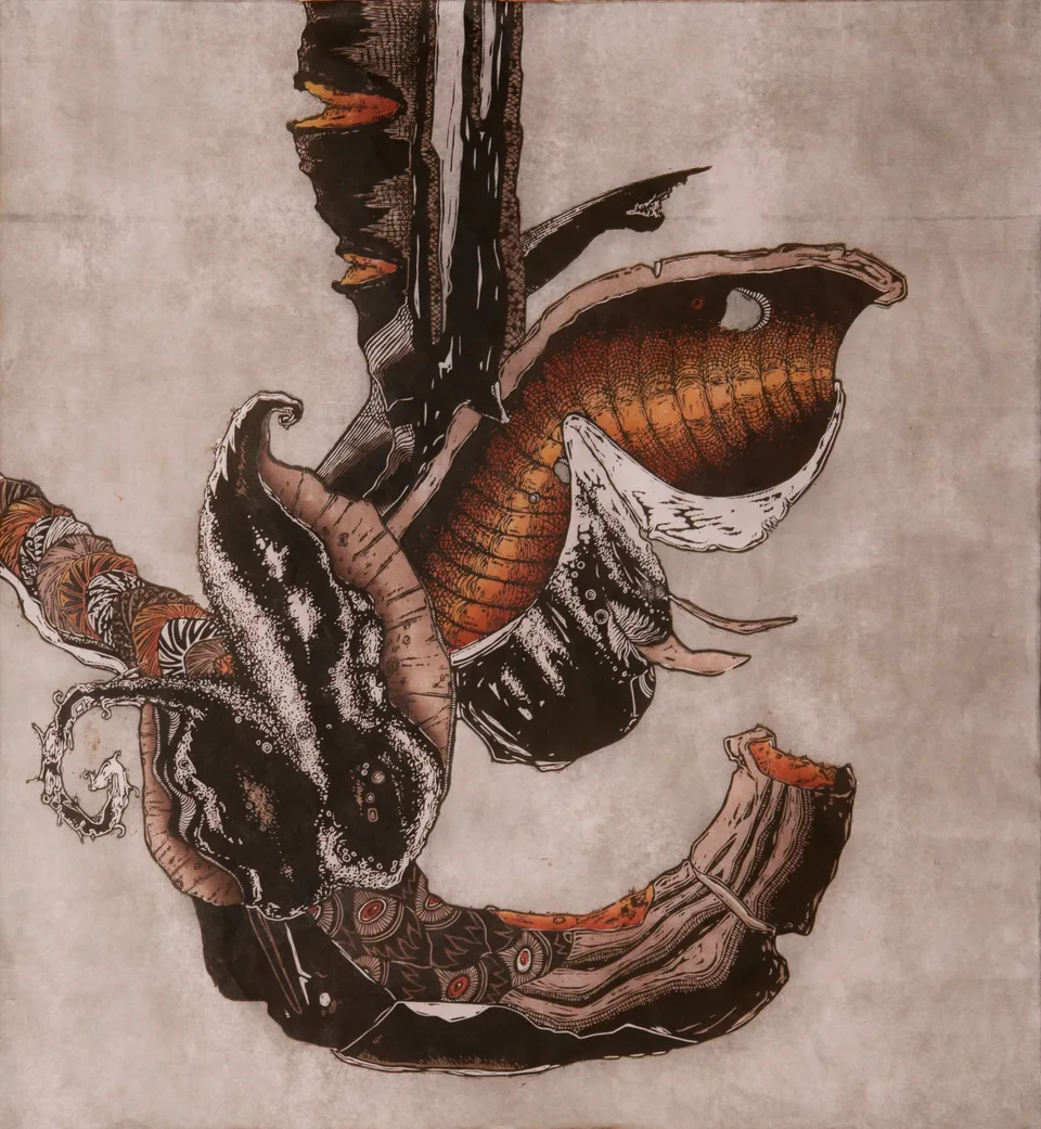 An ink and rust woodcut of curled vegetal and shell-like forms turning around an open center, by Abraham McCowan.
