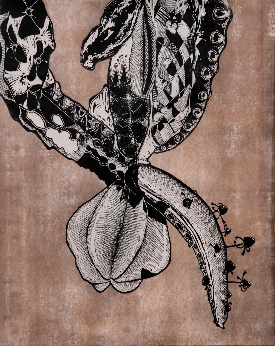 An intricate field of winged, seed-like forms rising through dusky paper, a woodcut by Abraham McCowan.