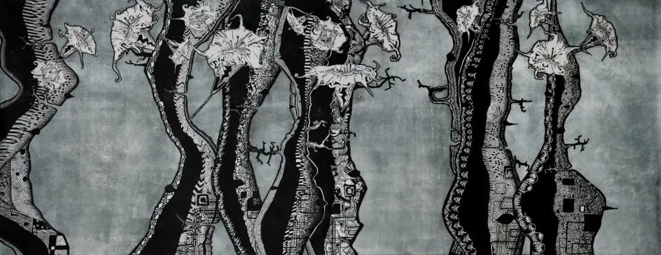 A forest of patterned trunks, flowering forms, and small human figures — woodcut by Abraham McCowan.