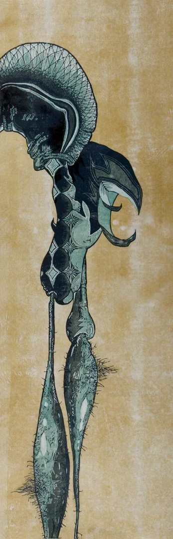 A tall ink-and-teal figure on an ochre-gold field, a woodcut by Abraham McCowan.