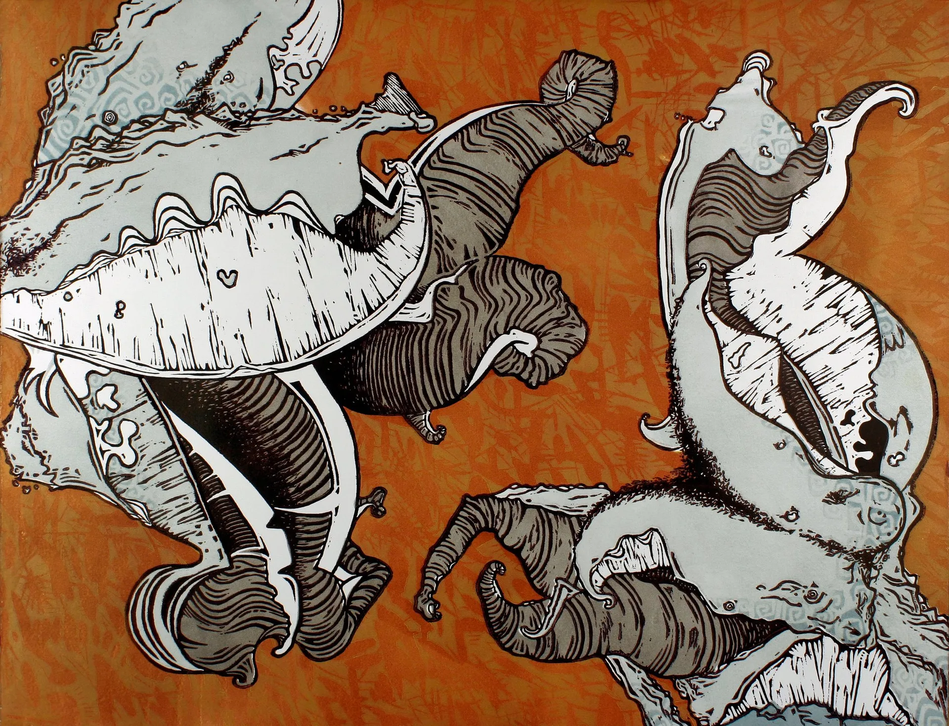 A restless procession of animal-like figures across an ochre-orange field.