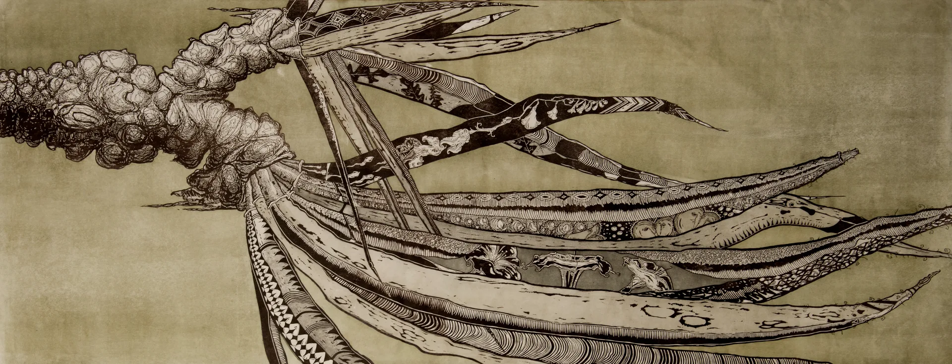 Long patterned vessels and wing-like forms crossing an ochre field, a woodcut by Abraham McCowan.
