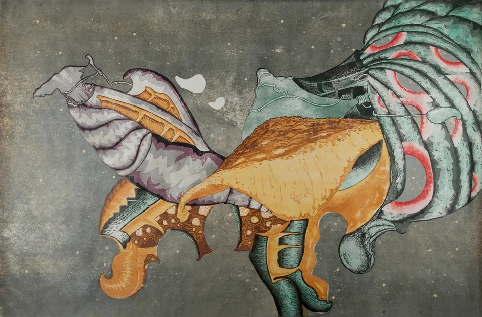 Two vividly colored carved forms facing one another in a smoke-gray starfield, a woodcut by Abraham McCowan.